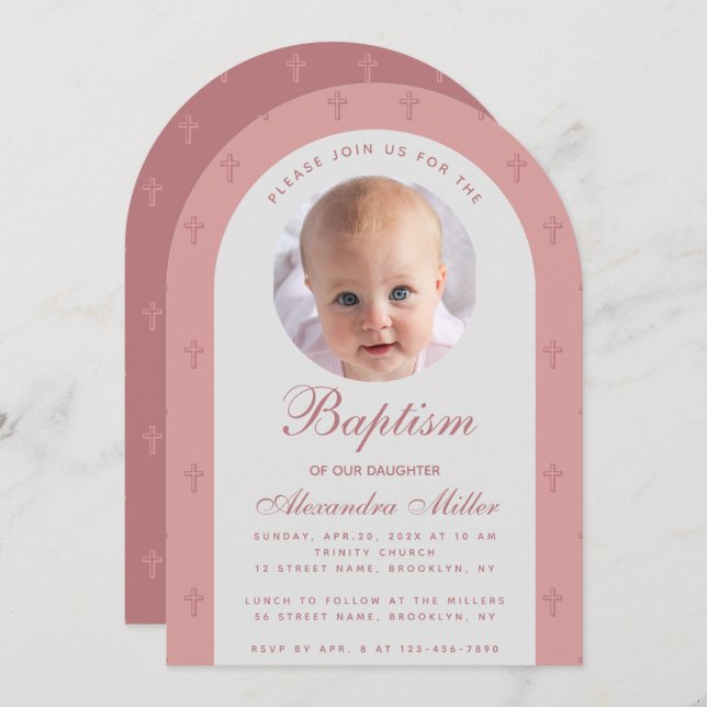 Girl Baptism Photo Pink Dusty Rose Arch Modern Invitation (Front/Back)