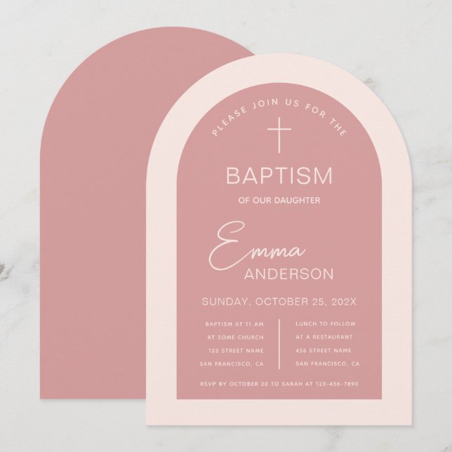 Girl Baptism Pink Arch Modern Script Dusty Rose Invitation (Front/Back)