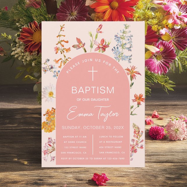 Girl Baptism Pink Arch Wildflowers Watercolor Invitation (Creator Uploaded)