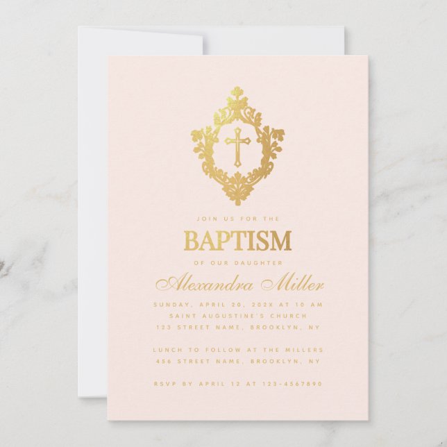 Girl Baptism Pink Faux Gold Cross in Crest Blush Invitation (Front)