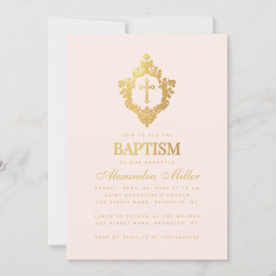 Girl Baptism Pink Faux Gold Cross in Crest Blush Invitation