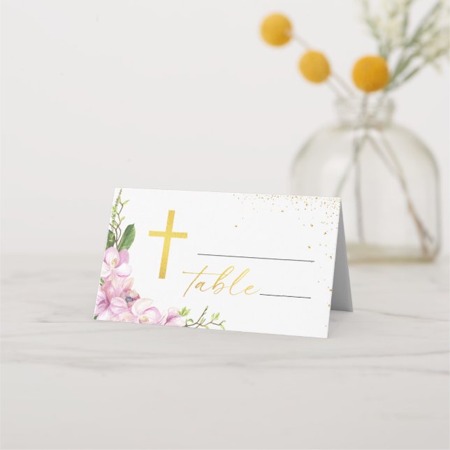 Girl Baptism Pink Flowers and Gold Gross Place Card (Back)