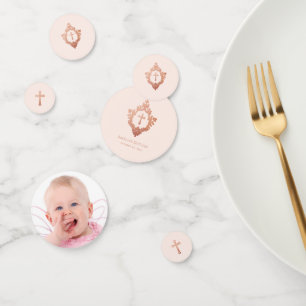 Girl Baptism Pink Photo & Rose Gold Vintage Crest Confetti