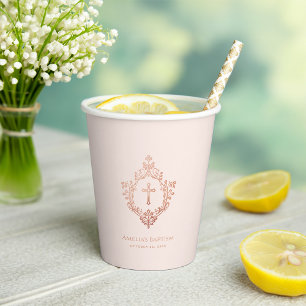 Girl Baptism Pink Rose Gold Cross Vintage Crest Paper Cups