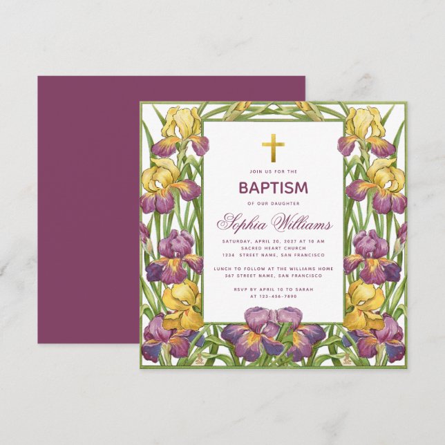 Girl Baptism Purple Yellow Iris Gold Cross Floral Invitation (Front/Back)