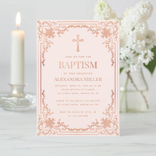 Girl Baptism Rose Gold Blush Pink Vintage Elegant Invitation