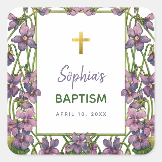 Girl Baptism Violet Floral Purple Green Gold Cross Square Sticker (Front)
