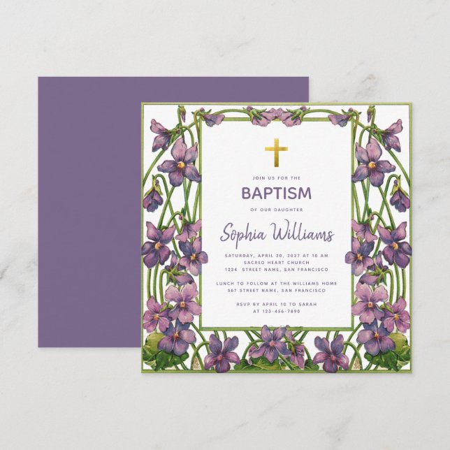 Girl Baptism Violet Purple Green Gold Cross Floral Invitation (Front/Back)