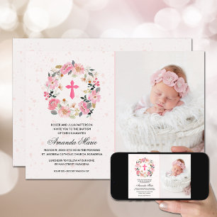 Girl Baptism Watercolor Pink Floral Invitation