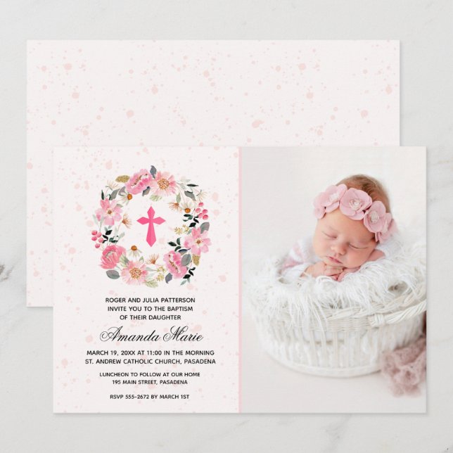 Girl Baptism Watercolor Pink Floral Invitations (Front/Back)