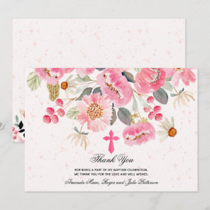 Girl Baptism Watercolor Pink Floral Thank You Card