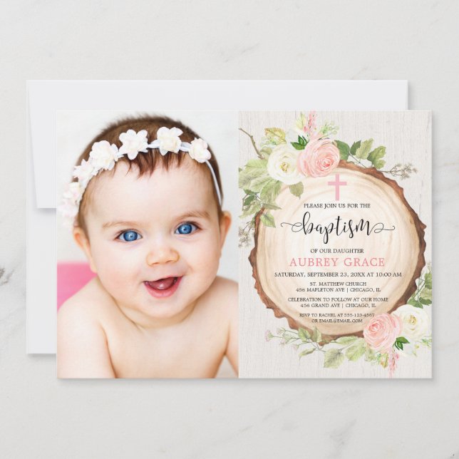 Girl baptism woodland pink white floral photo invitation (Front)