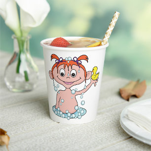 Girl Bath Time Fun with Rubber Duck and Bubbles  Paper Cups