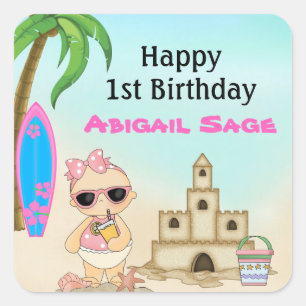 Girl Beach Baby Sandcastle, Surfboard 1st Birthday Square Sticker