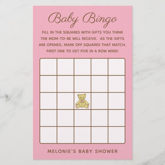 Girl Bear Baby Shower Bingo Game Flyer (Front)