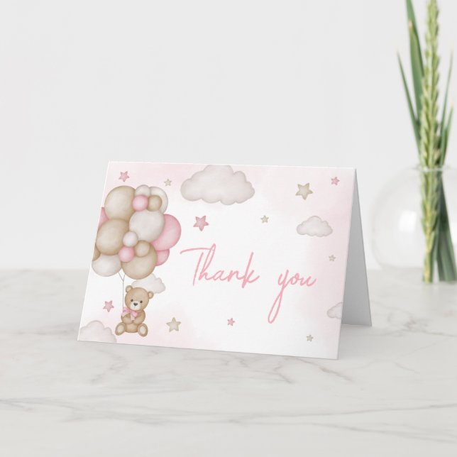 Girl Bear Balloon Baby Shower  Thank You Card (Front)