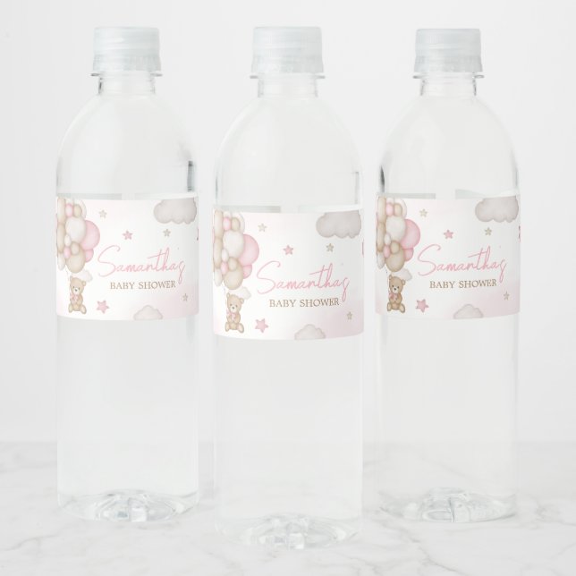 Girl Bear Balloon Baby Shower  Water Bottle Label (Bottles)