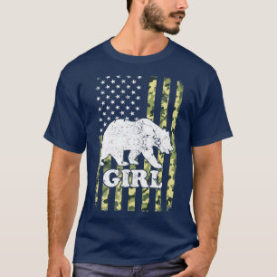 Girl Bear Camping Hiking Camouflage USA American F T-Shirt