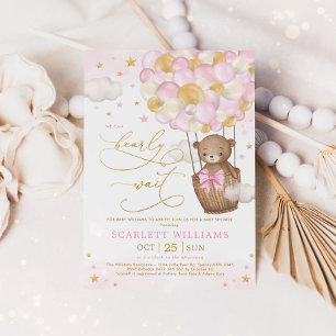 Girl Bear Hot Air Balloon Pink Gold Baby Shower Invitation