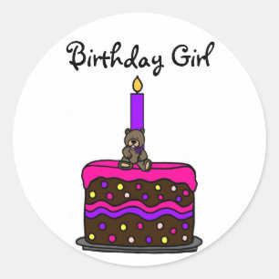 Girl bear on birthday cake - Customised Classic Round Sticker