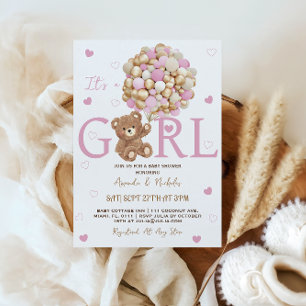 Girl Bear Pink Gold Balloons Baby Shower Invitation