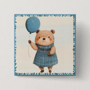 Girl Bear with Blue Plaid Dress and Balloon 15 Cm Square Badge