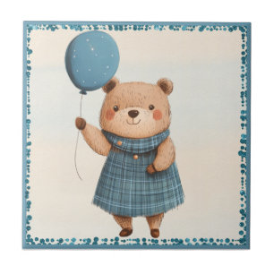 Girl Bear with Blue Plaid Dress and Balloon Ceramic Tile