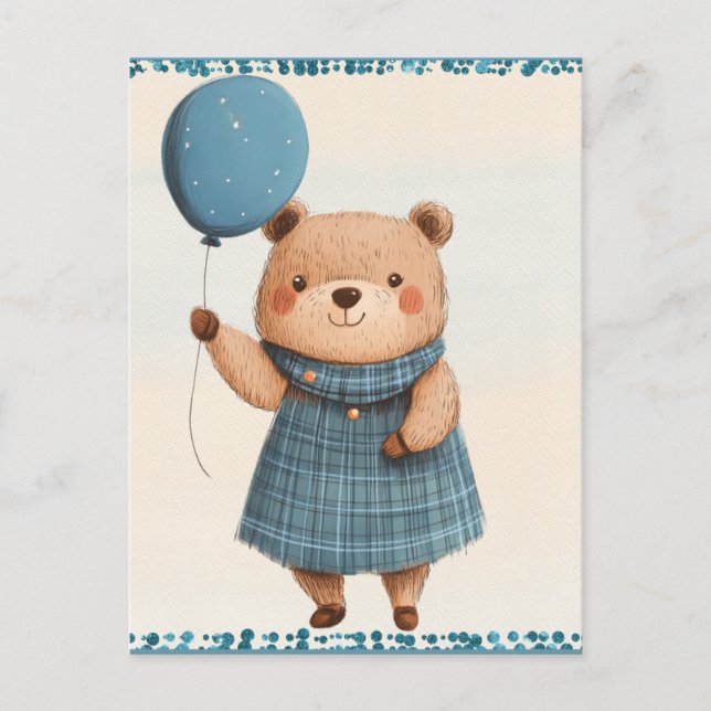 Girl Bear with Blue Plaid Dress and Balloon Postcard (Front)