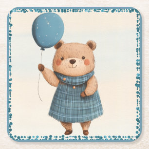 Girl Bear with Blue Plaid Dress and Balloon Square Paper Coaster
