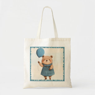 Girl Bear with Blue Plaid Dress and Balloon Tote Bag