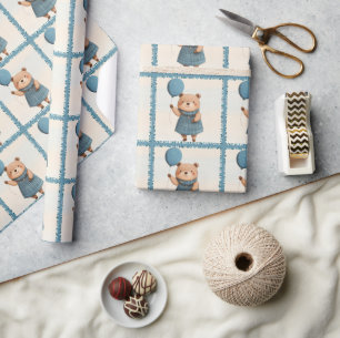 Girl Bear with Blue Plaid Dress and Balloon Wrapping Paper