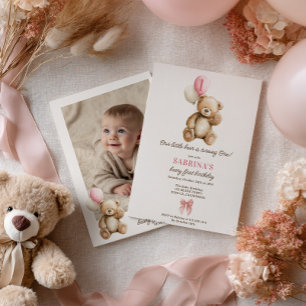Girl Beary 1st Birthday Teddy Bear Photo Balloons Invitation