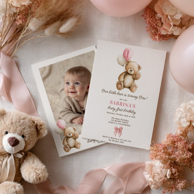 Girl Beary 1st Birthday Teddy Bear Photo Balloons Invitation (Girl Beary 1st Birthday Teddy Bear Photo Balloons Invitation)