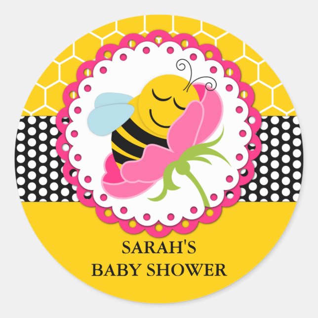 Girl Bee Baby Shower Personalised Classic Round Sticker (Front)