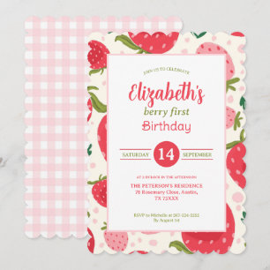 Girl Berry First Birthday Cute Strawberry Pattern Invitation