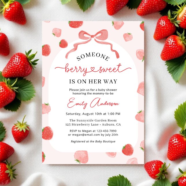 Girl Berry Sweet Bow Gingham Baby Shower Invitation (Creator Uploaded)