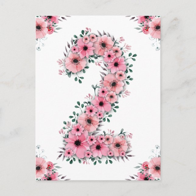 Girl Big 2nd Birthday Pink Flowers Green Foliage Postcard (Front)