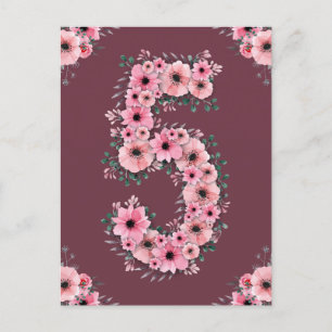 Girl Big 5th Birthday Pink Flowers Green Foliage Postcard