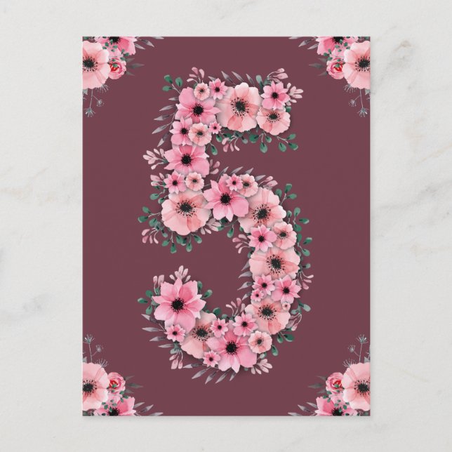 Girl Big 5th Birthday Pink Flowers Green Foliage Postcard (Front)