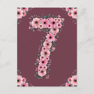 Girl Big 7th Birthday Pink Flowers Green Foliage Postcard