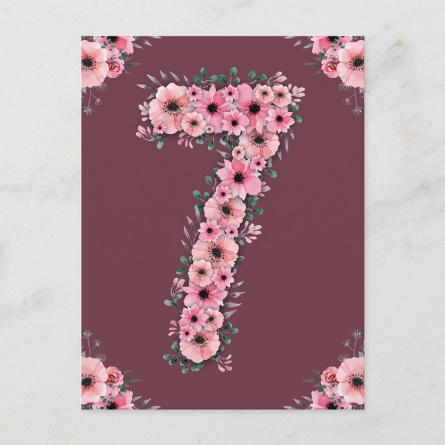 Girl Big 7th Birthday Pink Flowers Green Foliage Postcard (Front)
