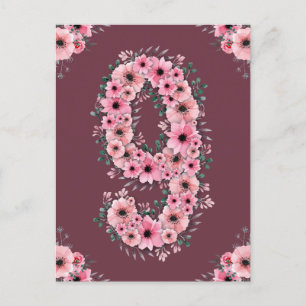 Girl Big 9th Birthday Pink Flowers Green Foliage Postcard