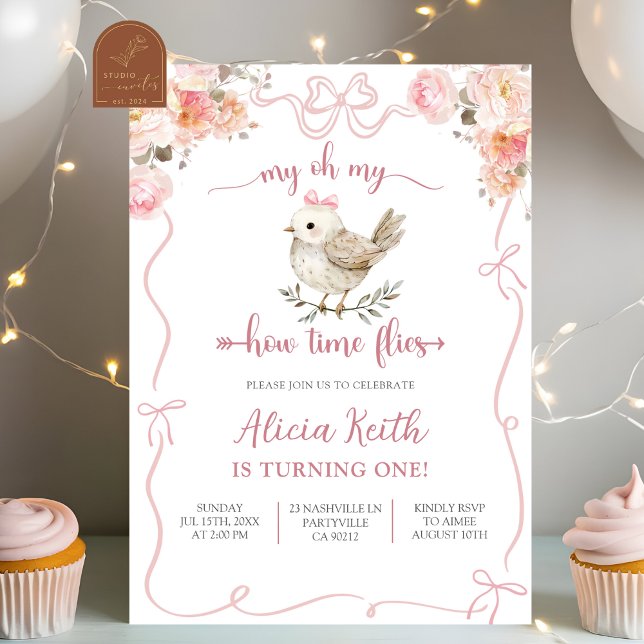 Girl Birdie First Birthday Invitation (Creator Uploaded)