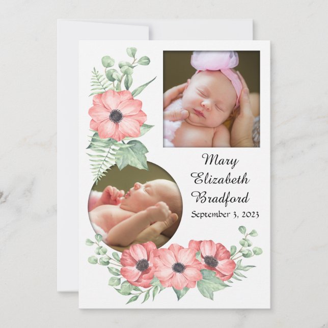 Girl Birth Announcement Flower Photo Card (Front)