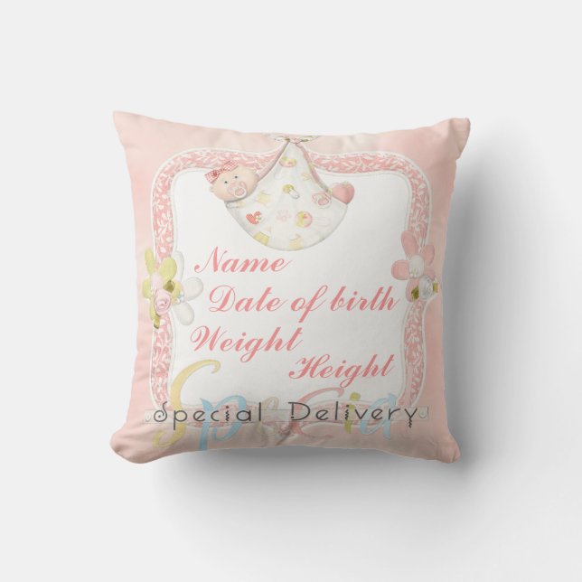 Girl birth announcement pillow (Front)