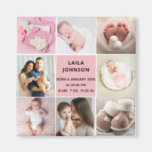 Girl Birth Announcment Personalise 8 Photo Pink Magnet