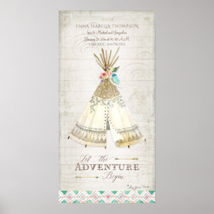 Girl Birth Info Tribal Boho Adventure Teepee Arrow Poster
