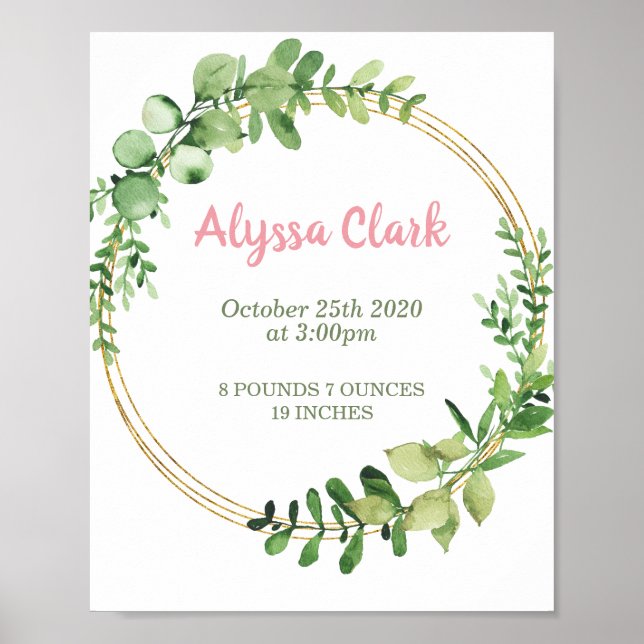 Girl Birth Stats Poster Nursery Wall Art Print (Front)