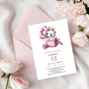 Girl Birthday Cute Teddy Bear Pink Ivory Balloons Invitation