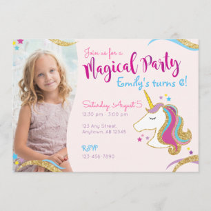 Girl Birthday Glitter Unicorn Magical Invitation